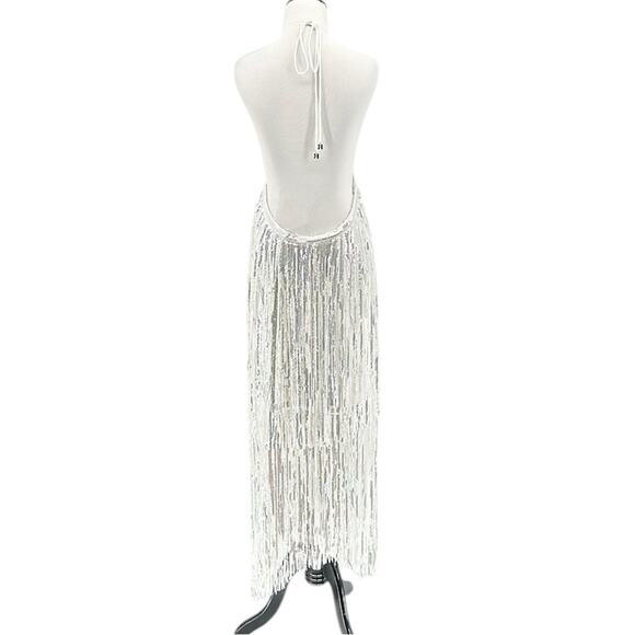 Rotate Birger Christensen Sequin Metallic Fringe Sleeveless Dress Silver Size 10 - Picture 11 of 16